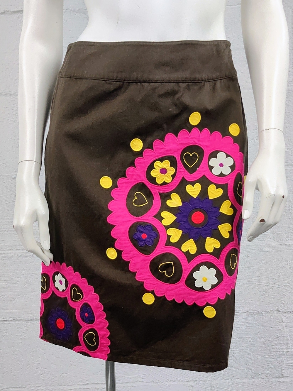 Boden Brown A-Line Skirt with Bright Pink, Yellow & Purple Appliqué